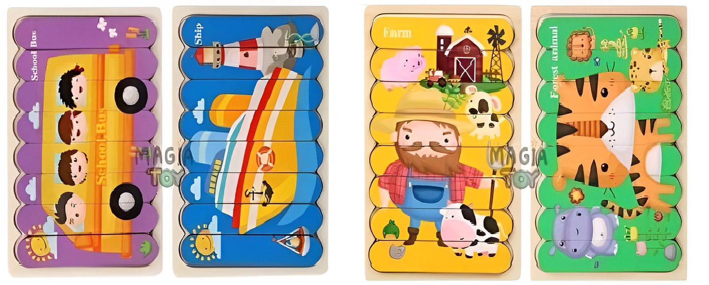 Kit com 4 Monte e Aprenda: O Conjunto de Puzzles Educativos de Madeira Montessori Dupla Face